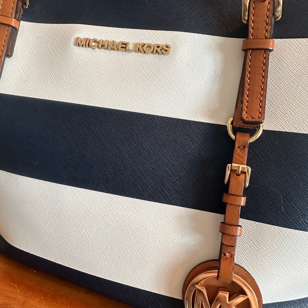 Michael Kors Navy White Striped Saffiano Tote with Tan Straps - Picture 2 of 5